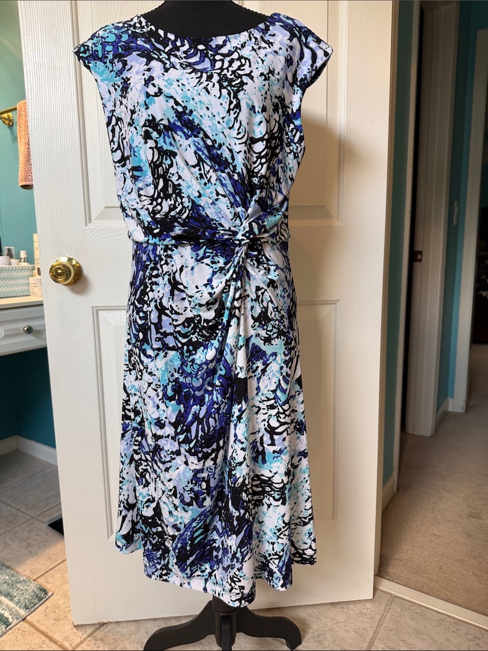 Elegant 212 Collection Abstract Blue Faux-Wrap Side Knot Midi Dress Like New!